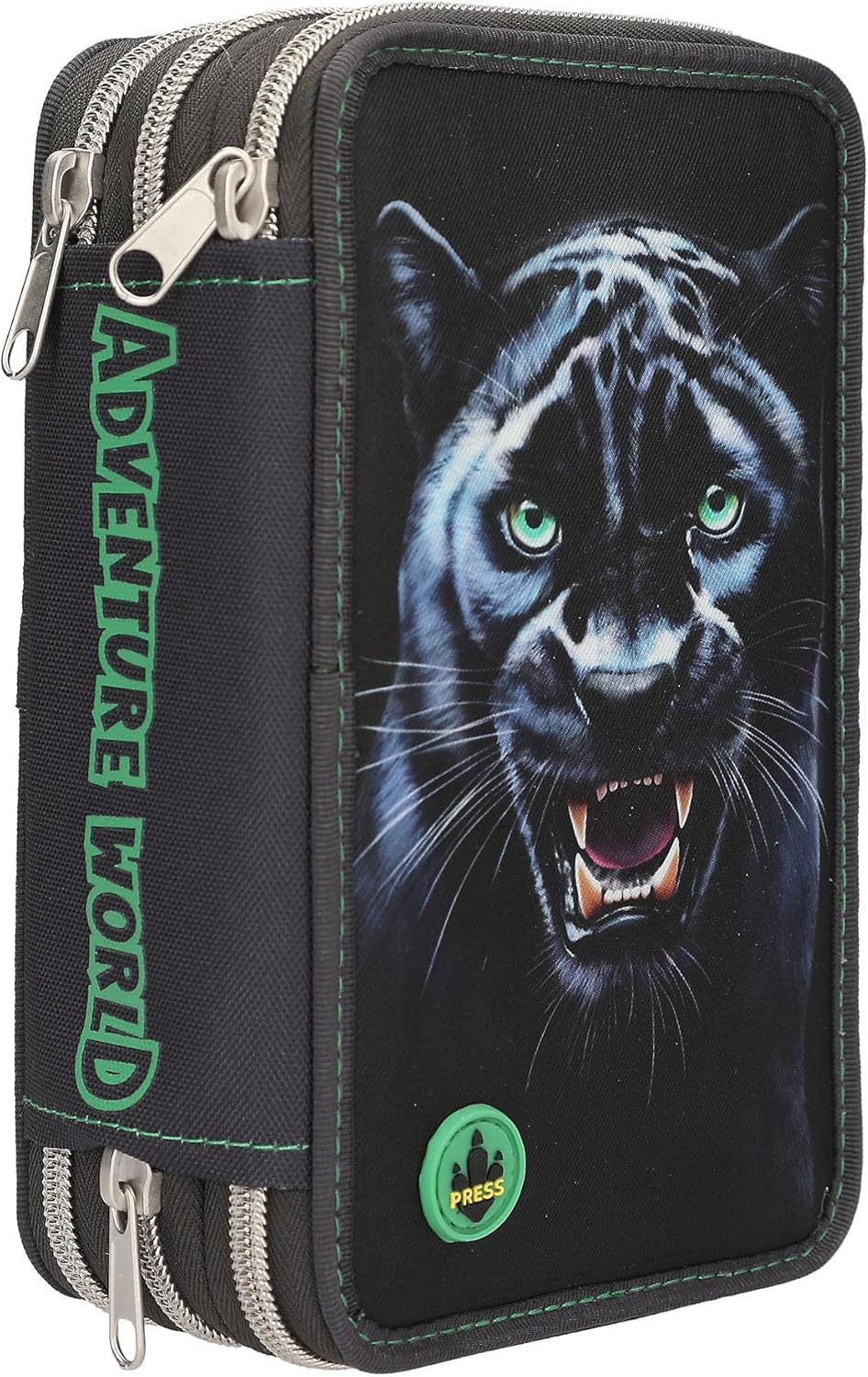 Depesche 13709 Adventure World Panther - filled 3-chamber pencil case in black, with leopard motif and LED light effects, pencil case with colored pencils, scissors
