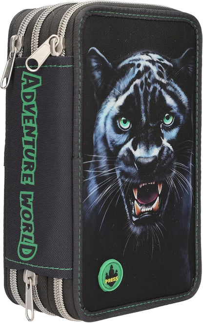 Depesche 13709 Adventure World Panther - filled 3-chamber pencil case in black, with leopard motif and LED light effects, pencil case with colored pencils, scissors
