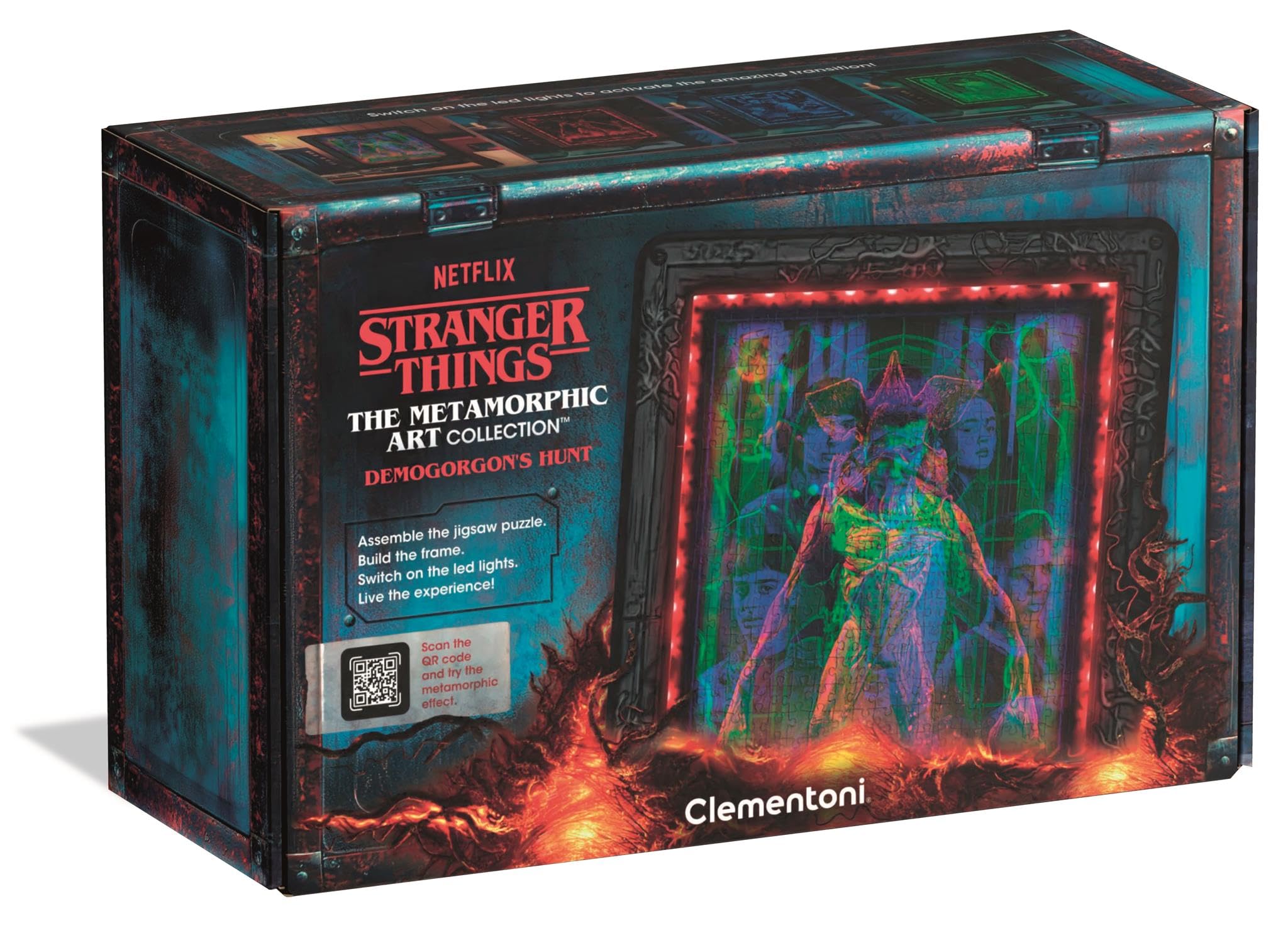 Clementoni - Stranger Things Metamorphic Art Collection - Demogorgon’s Hunt, Quadro Interattivo 520 Pezzi con Cornice e LED RGB, Illustrazione che Cambia con la Luce, Made in Italy, 35611