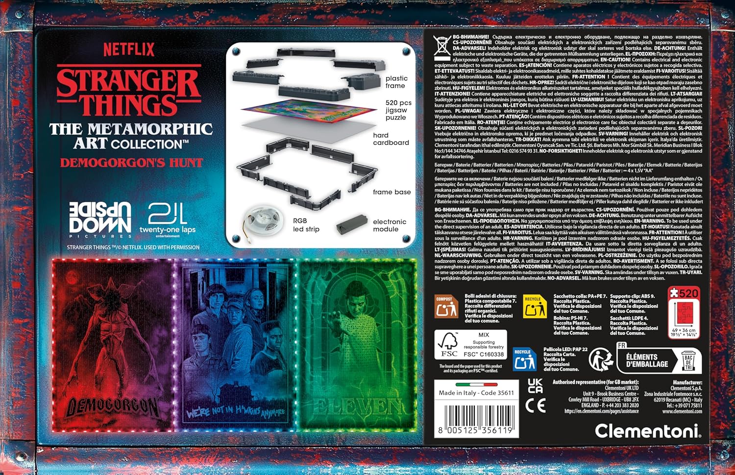 Clementoni - Stranger Things Metamorphic Art Collection - Demogorgon’s Hunt, Quadro Interattivo 520 Pezzi con Cornice e LED RGB, Illustrazione che Cambia con la Luce, Made in Italy, 35611