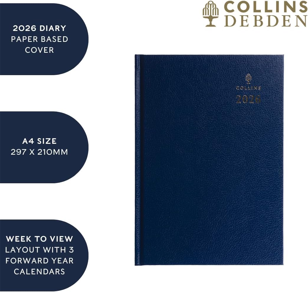 Collins - Desk - 2026 12 Month Calendar Year Planner, Week-To-View Diary, A4 Hard Cover - Red (40.15-26