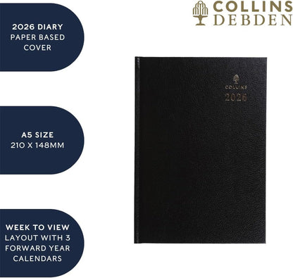 Collins - Desk - 2026 12 Month Calendar Year Planner, Week-To-View Diary, A5 Hard Cover - Blue (35.60-26