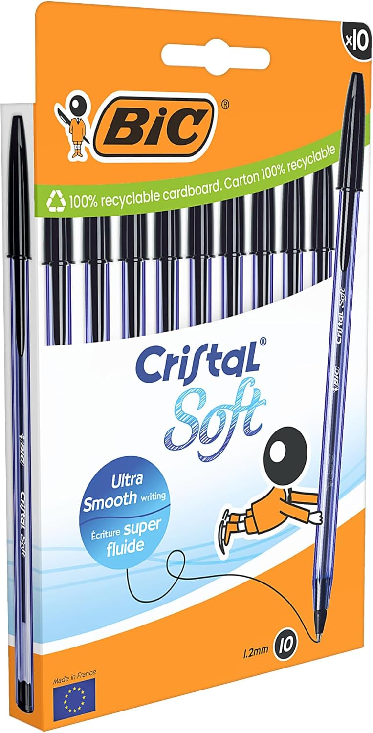 BIC Penne a Sfera Cristal Soft con Punta Media (1,2 mm) e Inchiostro Softline - Nero, Confezione da 10