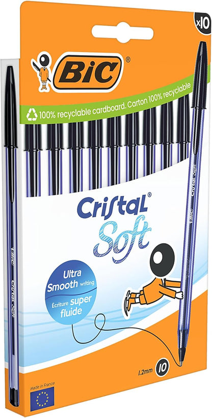 BIC Penne a Sfera Cristal Soft con Punta Media (1,2 mm) e Inchiostro Softline - Nero, Confezione da 10