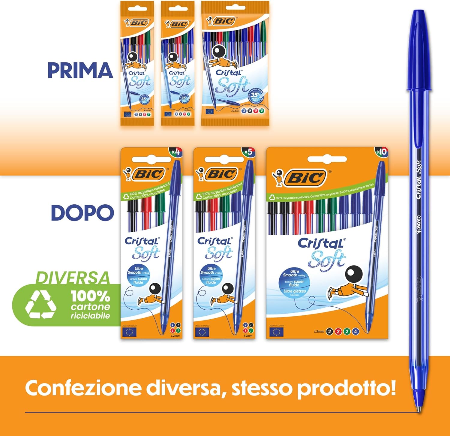BIC Penne a Sfera Cristal Soft con Punta Media (1,2 mm) e Inchiostro Softline - Nero, Confezione da 10