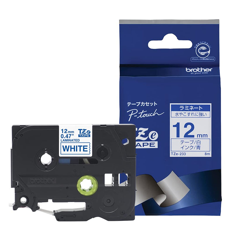 Brother TZe-233 Labelling Tape Cassette, Blue on White, 12mm (W) x 8M (L), Laminated, Brother Genuine Supplies