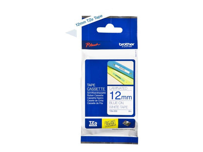 Brother TZe-233 Labelling Tape Cassette, Blue on White, 12mm (W) x 8M (L), Laminated, Brother Genuine Supplies