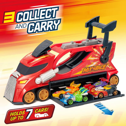 T-Racers Mix 'N Race Thunder Truck – Launcher Truck with 3 actions in 1. Includes 1 Exclusive T-Racer Mix 'N Race Vehicle, Vehicle Riding Area, Launching Handle and Space for 7 Cars