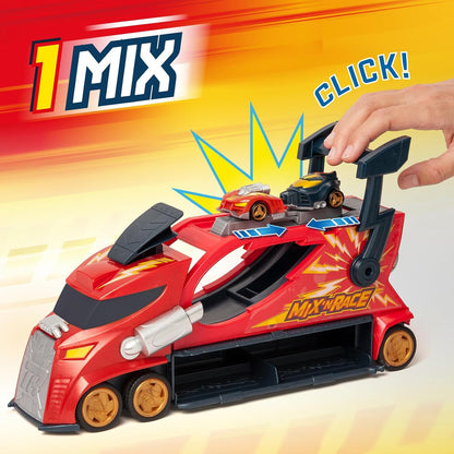 T-Racers Mix 'N Race Thunder Truck – Launcher Truck with 3 actions in 1. Includes 1 Exclusive T-Racer Mix 'N Race Vehicle, Vehicle Riding Area, Launching Handle and Space for 7 Cars