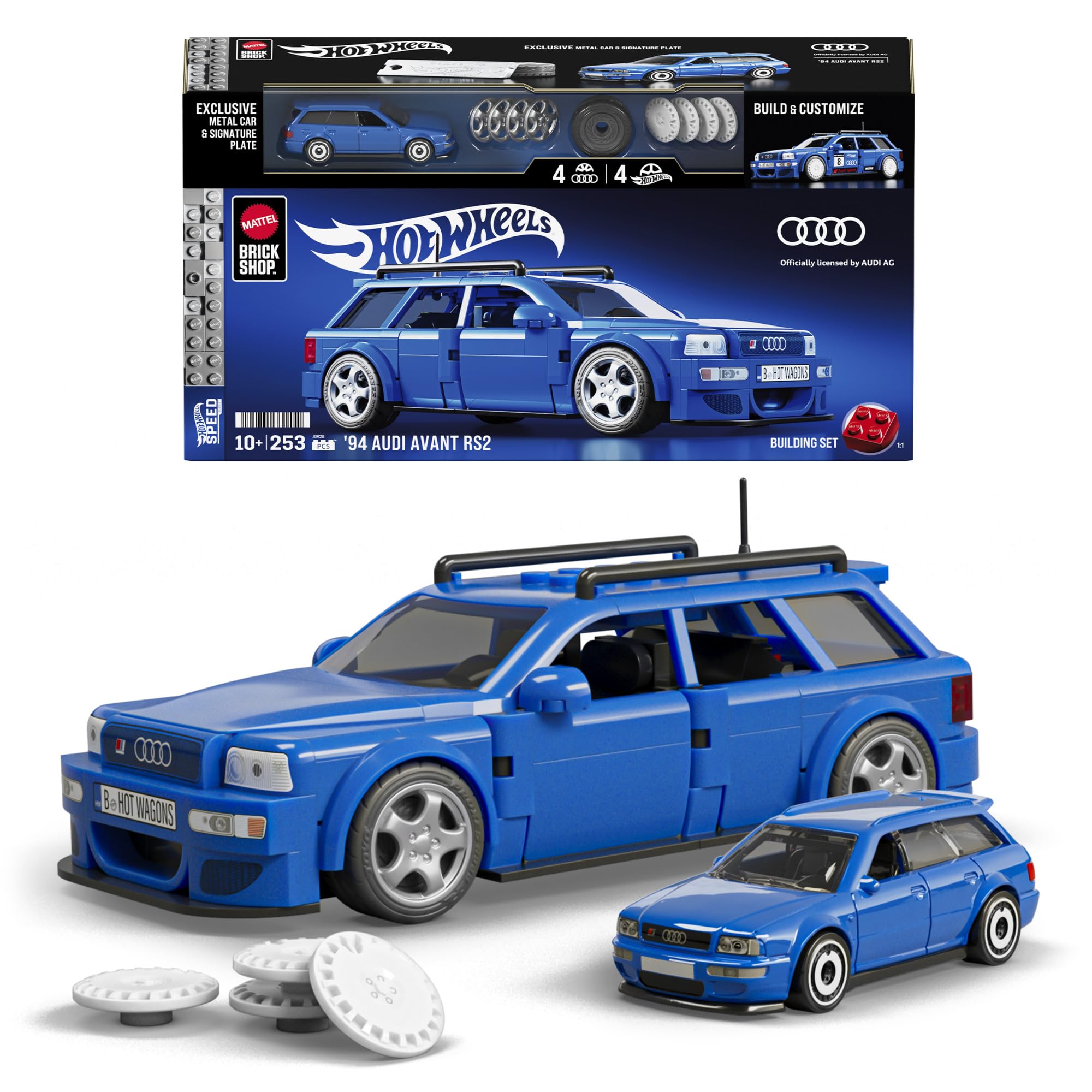 Mattel Brick Shop Hot Wheels Speed Serie, bouwset, '94 Audi Avant RS2 met 252 onderdelen, realistische details en speciale stickers, voor volwassen verzamelaars en kinderen vanaf 10 jaar, JGR28