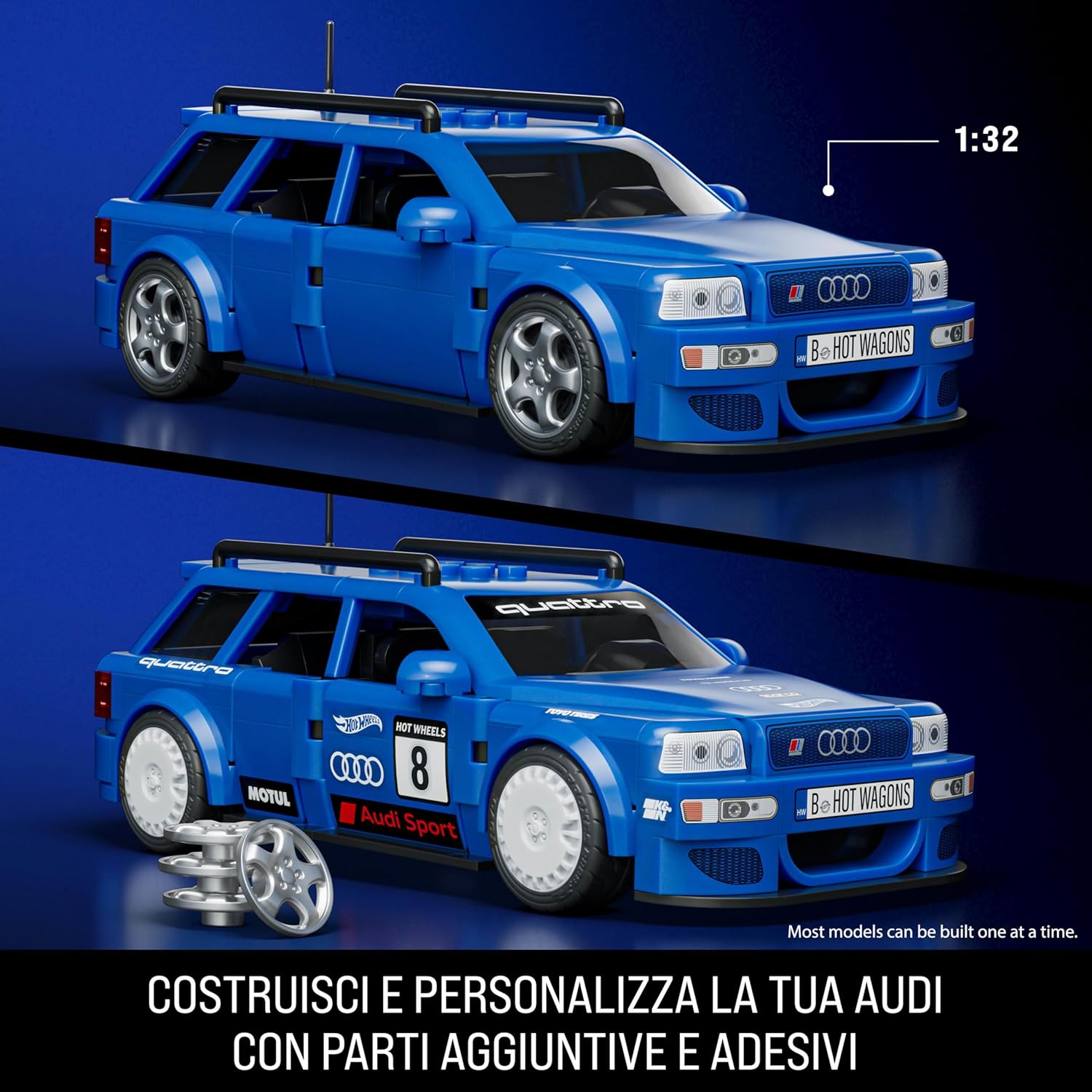 Mattel Brick Shop Hot Wheels Serie Speed set da costruire, '94 Audi Avant RS2 con 252 pezzi, dettagli realistici e adesivi per personalizzarlo, per collezionisti adulti e bambini (+10 anni), JGR28