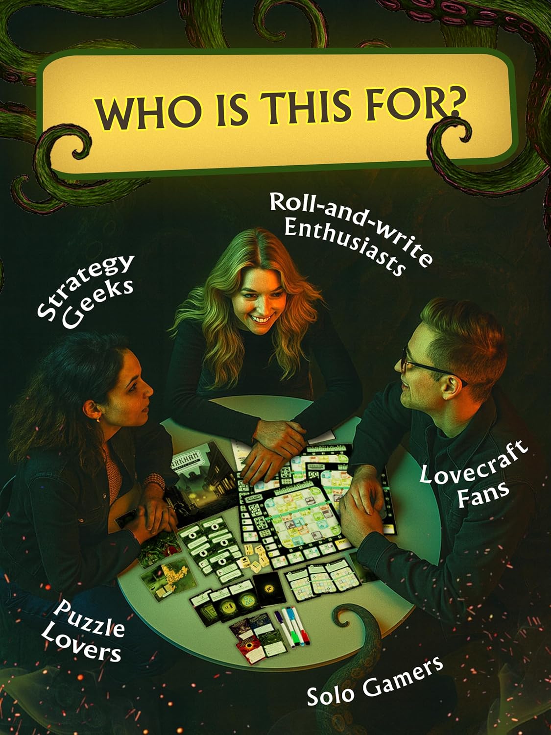 Crowd Games Arkham Travel Guide - Roll & Write Strategy Game with Eldritch Horror Twist | Tour Arkham, Avoid Horrors, Face The Old Ones, 1-4 Players, Ages 12+