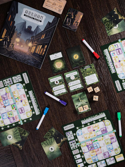 Crowd Games Arkham Travel Guide - Roll & Write Strategy Game with Eldritch Horror Twist | Tour Arkham, Avoid Horrors, Face The Old Ones, 1-4 Players, Ages 12+