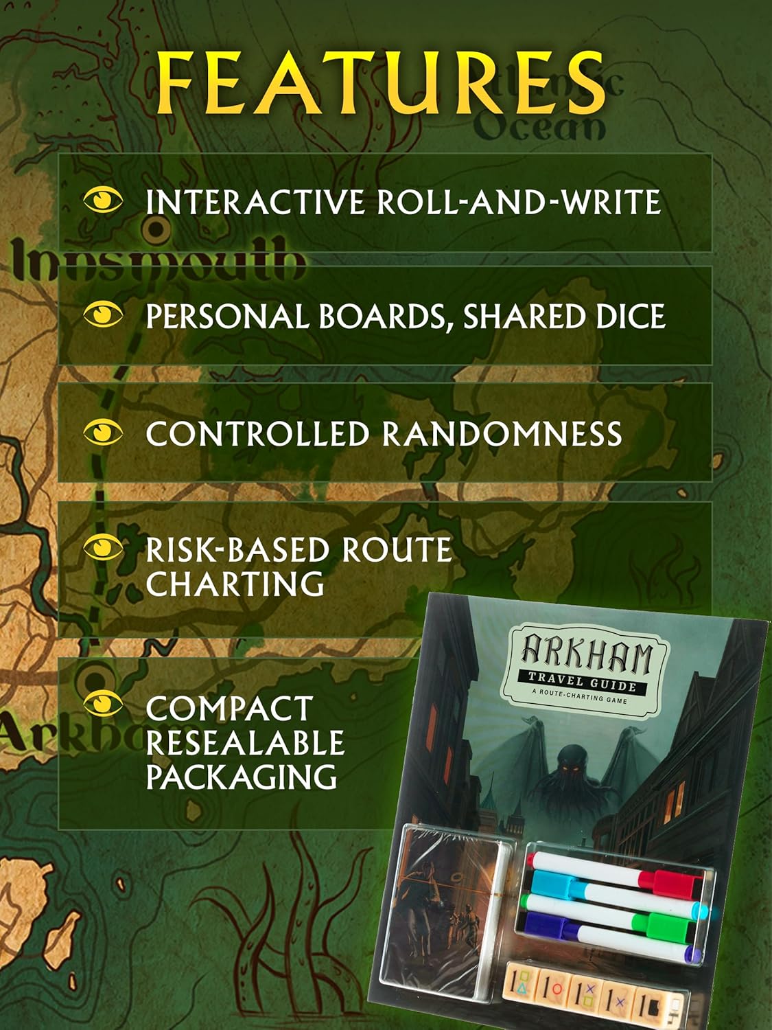 Crowd Games Arkham Travel Guide - Roll & Write Strategy Game with Eldritch Horror Twist | Tour Arkham, Avoid Horrors, Face The Old Ones, 1-4 Players, Ages 12+