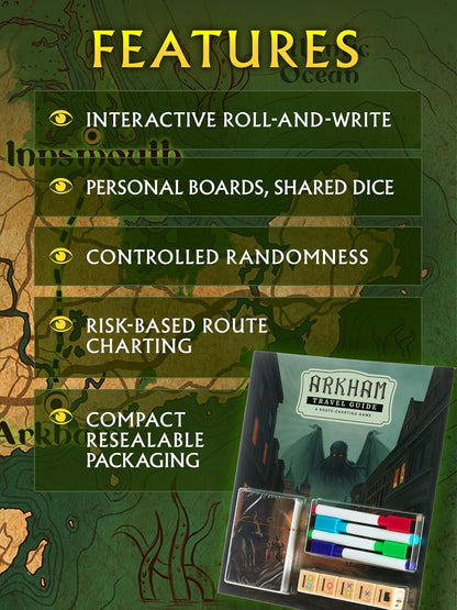 Crowd Games Arkham Travel Guide - Roll & Write Strategy Game with Eldritch Horror Twist | Tour Arkham, Avoid Horrors, Face The Old Ones, 1-4 Players, Ages 12+