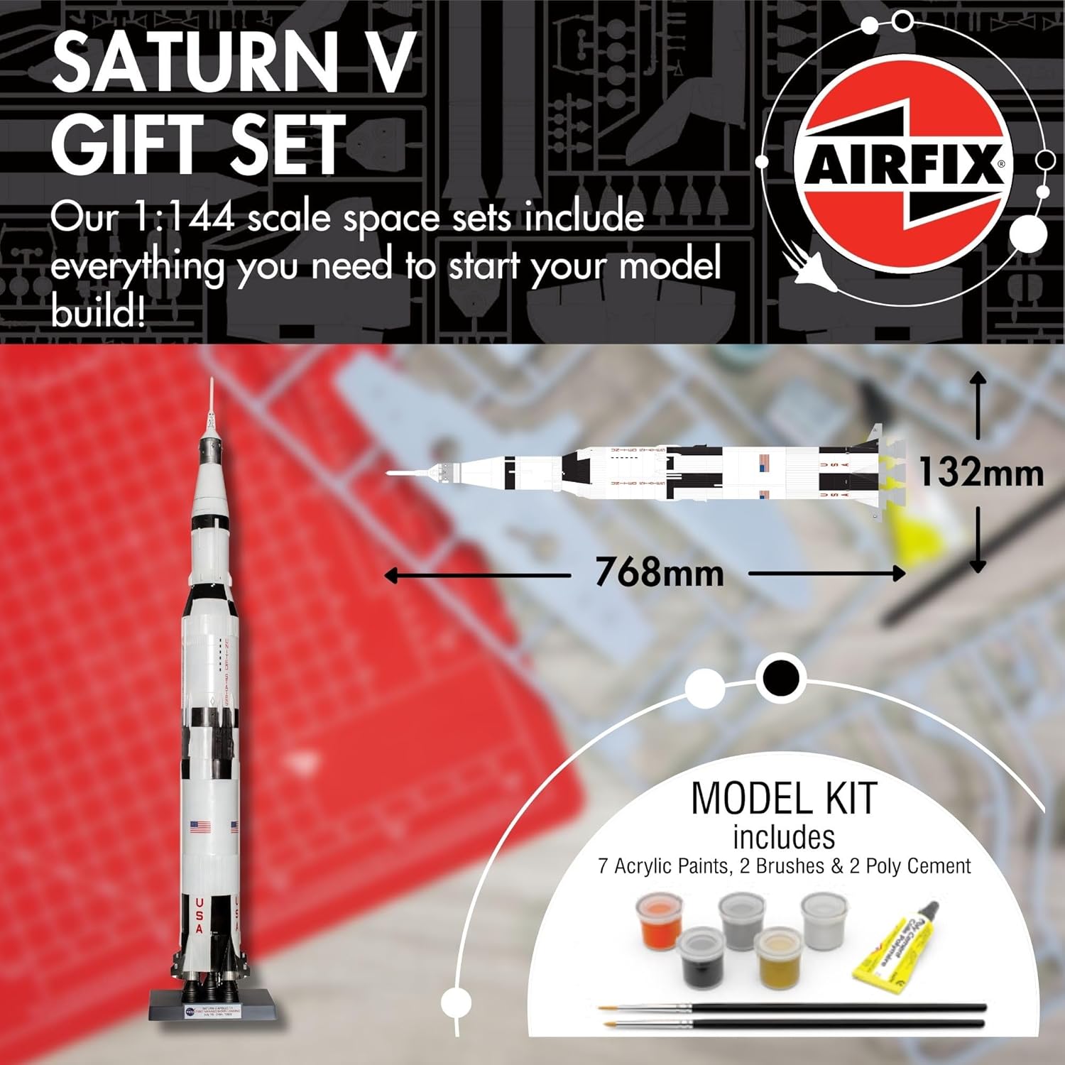 Airfix A50201 Saturn V Gift Set - Plastic Model Kits, Spacecraft Building Kits for Adults & Kids 8+, Includes: 1:144 Scale Model, Humbrol Acrylic Paints, Brushes & Poly Cement