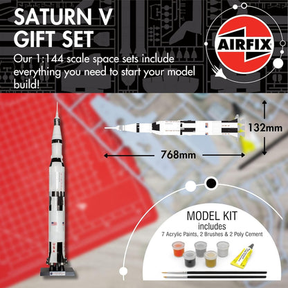 Airfix A50201 Saturn V Gift Set - Plastic Model Kits, Spacecraft Building Kits for Adults & Kids 8+, Includes: 1:144 Scale Model, Humbrol Acrylic Paints, Brushes & Poly Cement