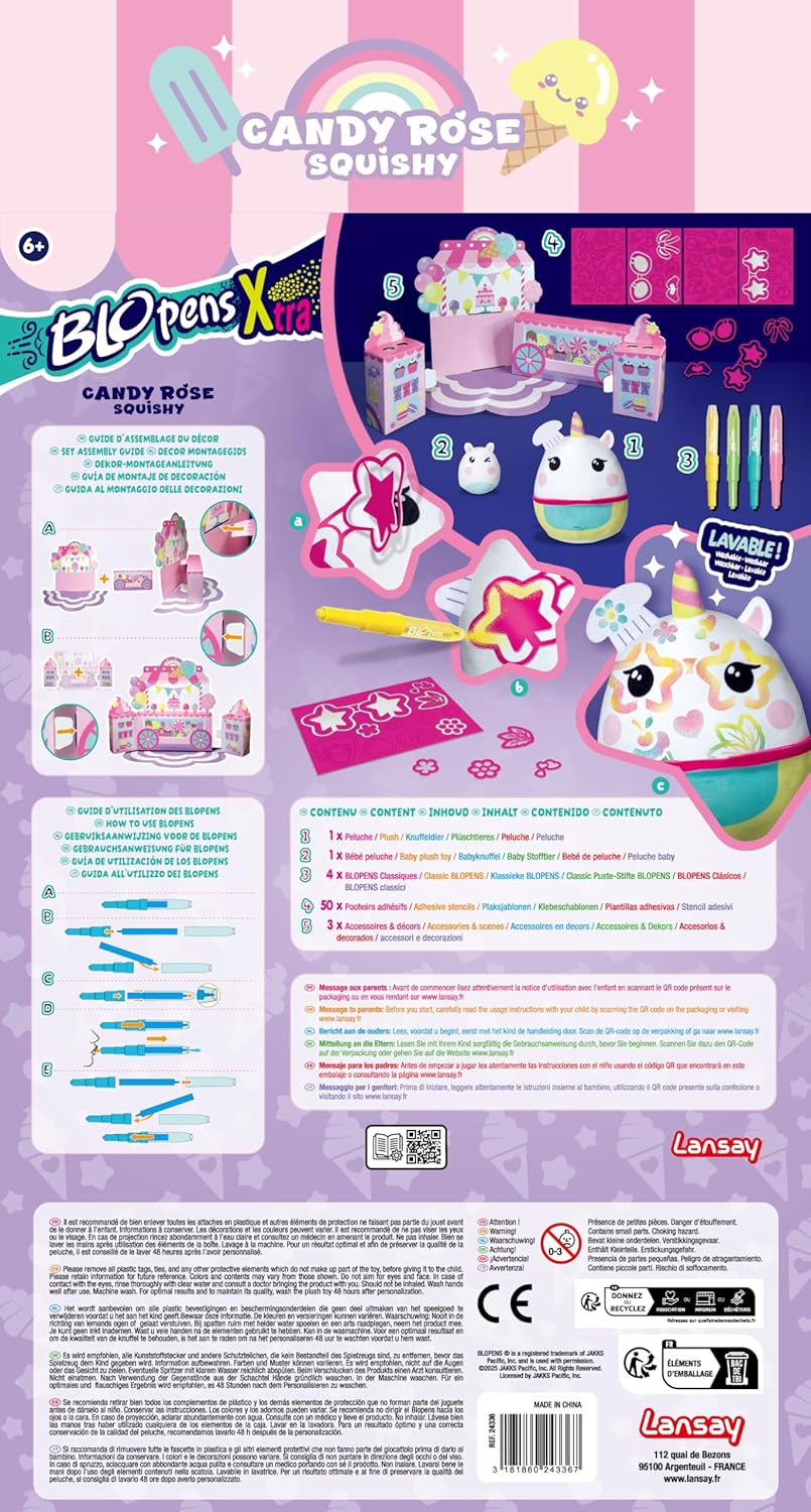 Lansay | BLOPENS X-TRA – CANDY ROSE SQUISHY | Creatieve set met blaasstiften en personaliseerbare squishy | Felle kleuren en sjablonen | Makkelijk knutselplezier vanaf 5 jaar | Herbruikbaar