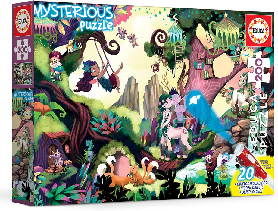 Educa UV Mysterious Junior, toverwoud, kinderpuzzel 200 delen, incl. onzichtbare inkt pen met magische UV-lantaarn. +6 jaar, Ref. 18612, Cranberry