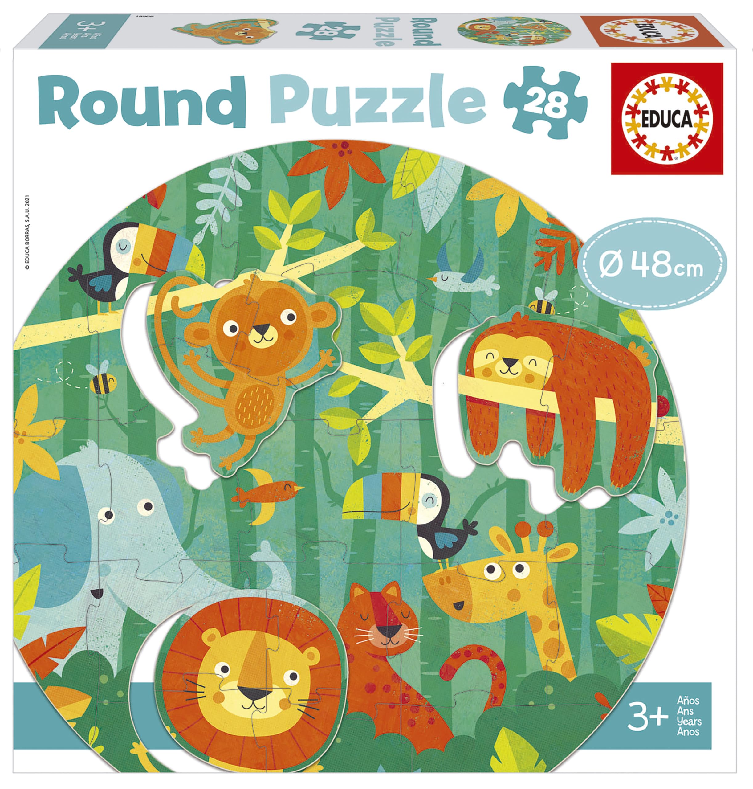 Educa Ronde junglepuzzel voor kinderen, diameter 48 cm, 28 delen en 3 afneembare dieren met speciale stans, grote onderdelen, gemakkelijk te hanteren en te monteren, vanaf 3 jaar (18906