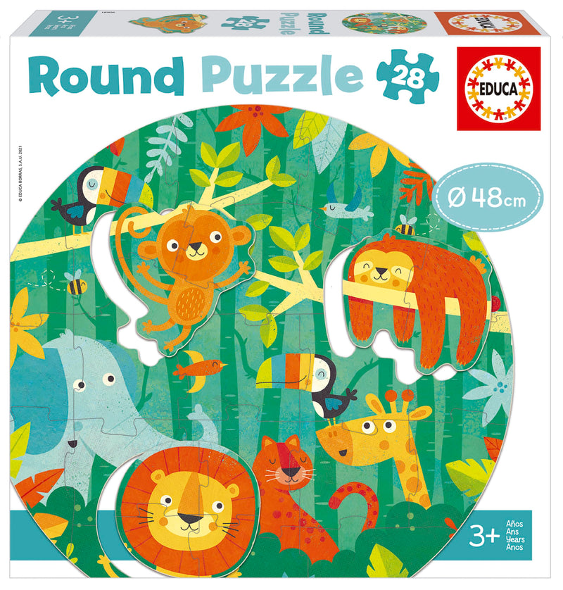 Educa Ronde junglepuzzel voor kinderen, diameter 48 cm, 28 delen en 3 afneembare dieren met speciale stans, grote onderdelen, gemakkelijk te hanteren en te monteren, vanaf 3 jaar (18906