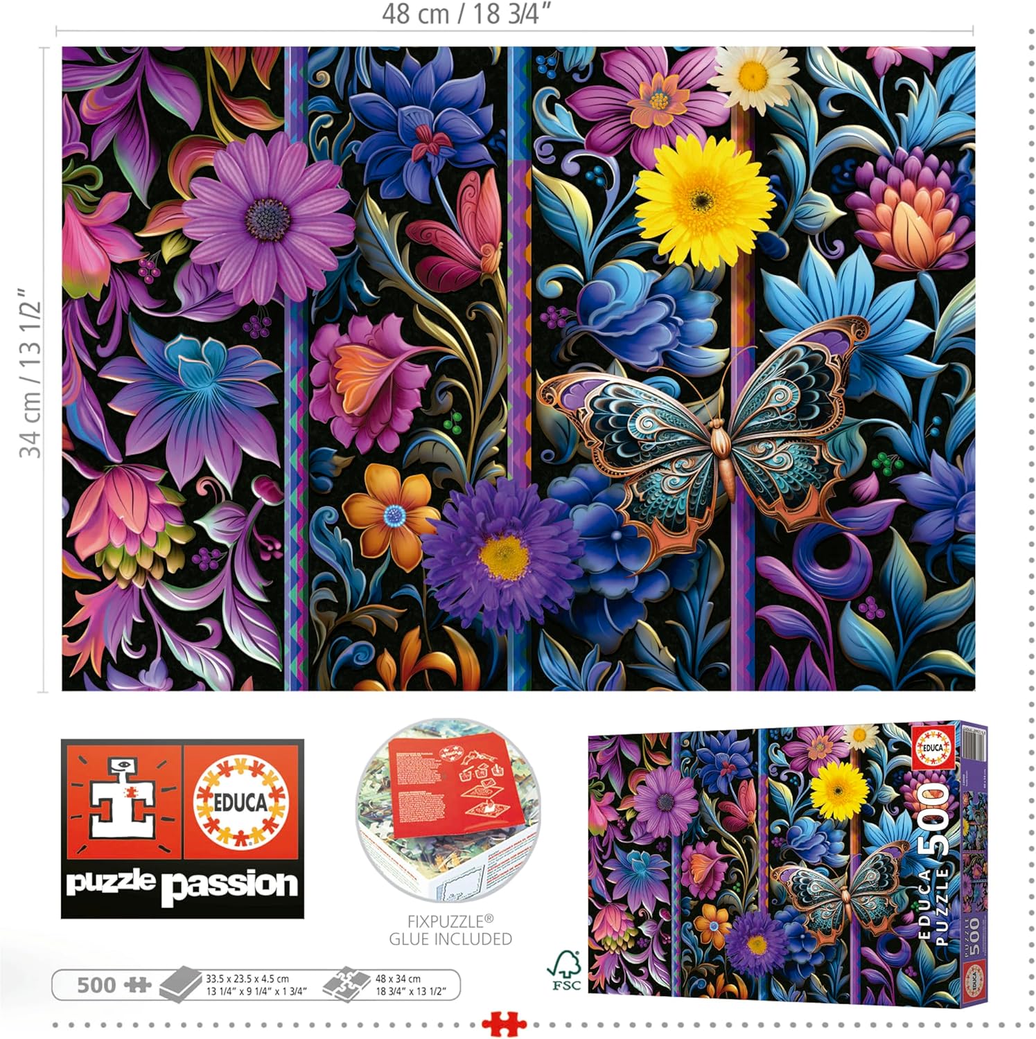 Educa - Badda Bloom | Puzzel met 500 delen voor volwassenen, afmetingen: 48 x 34 cm, incl. Cola Fix puzzel vanaf 11 jaar (19909
