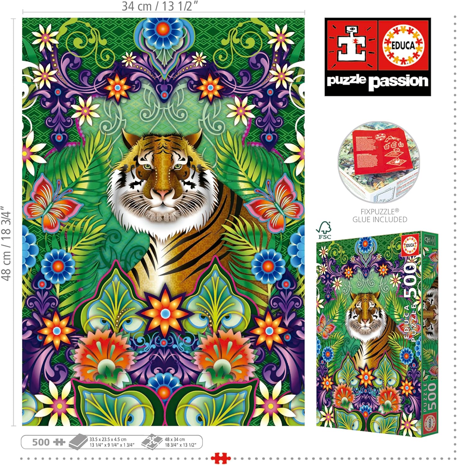 Educa - Bengaalse tijger, Catherina Estrada | puzzel met 500 delen voor volwassenen, afmetingen: 34 x 48 cm, inclusief Cola Fix puzzel vanaf 11 jaar (19912