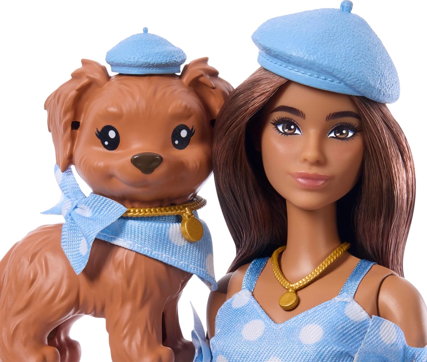 Barbie Twinning Looks, pop hondje in bij elkaar passende outfits met blauwe stippels, met allebei accessoires zoals een baret en een tasje, bruin haar, JFP38