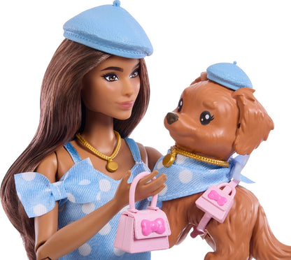 Barbie Twinning Looks, pop hondje in bij elkaar passende outfits met blauwe stippels, met allebei accessoires zoals een baret en een tasje, bruin haar, JFP38