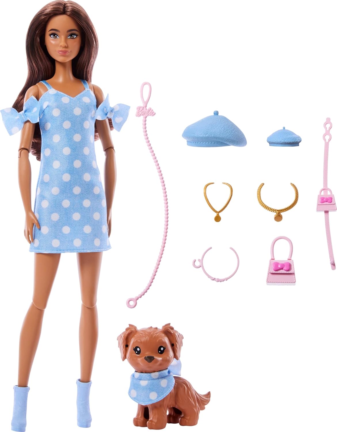 Barbie Twinning Looks, pop hondje in bij elkaar passende outfits met blauwe stippels, met allebei accessoires zoals een baret en een tasje, bruin haar, JFP38