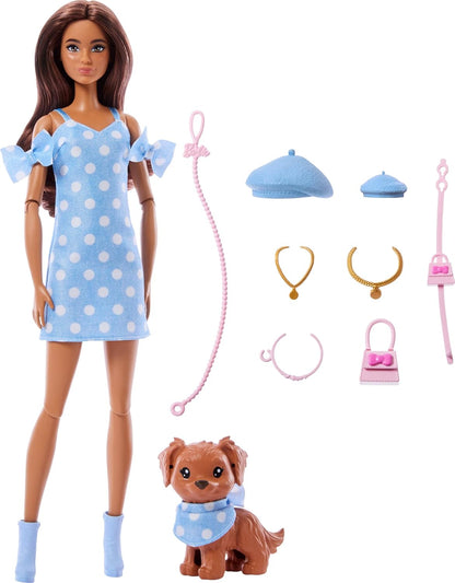Barbie Twinning Looks, pop hondje in bij elkaar passende outfits met blauwe stippels, met allebei accessoires zoals een baret en een tasje, bruin haar, JFP38