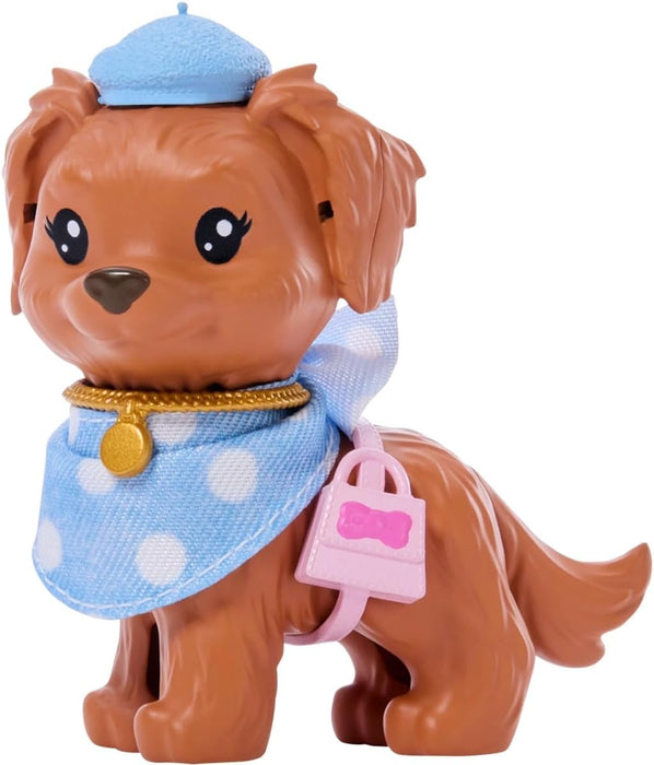 Barbie Twinning Looks, pop hondje in bij elkaar passende outfits met blauwe stippels, met allebei accessoires zoals een baret en een tasje, bruin haar, JFP38