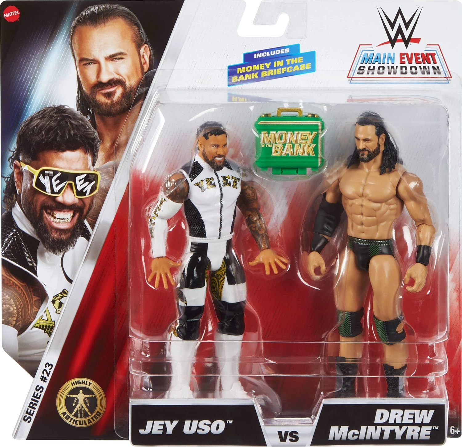 Mattel WWE Main Event Showdown Action Figures 2-Pack with Accessory, Series #23 Jey USO vs Drew McIntyre Collectible Set, 6-inch