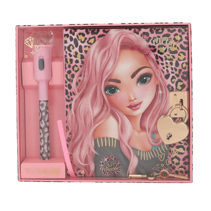 Depesche TOPModel 13216 Diary in Pink with Model Motif, Leo Pattern and Gold Details, Book with Heart Lock, Secret Pen and Lined Pages
