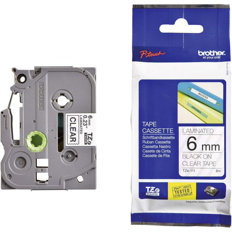Brother TZe-111 Labelling Tape Cassette, 6 Mm (W) X 8 M (L), Laminated, Brother Genuine Supplies - Black On Clear