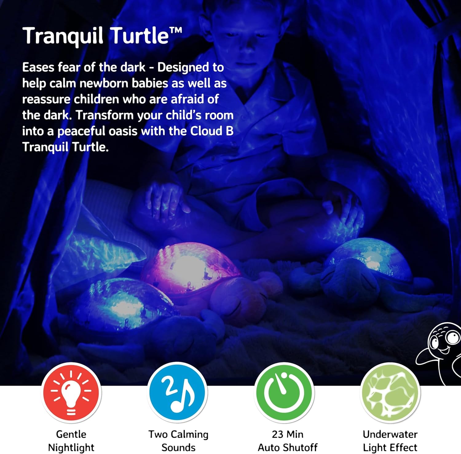Cloud b Ocean Projector Nightlight with White Noise Soothing Sounds | Adjustable Settings and Auto-Shutoff | Tranquil Turtle - Ocean