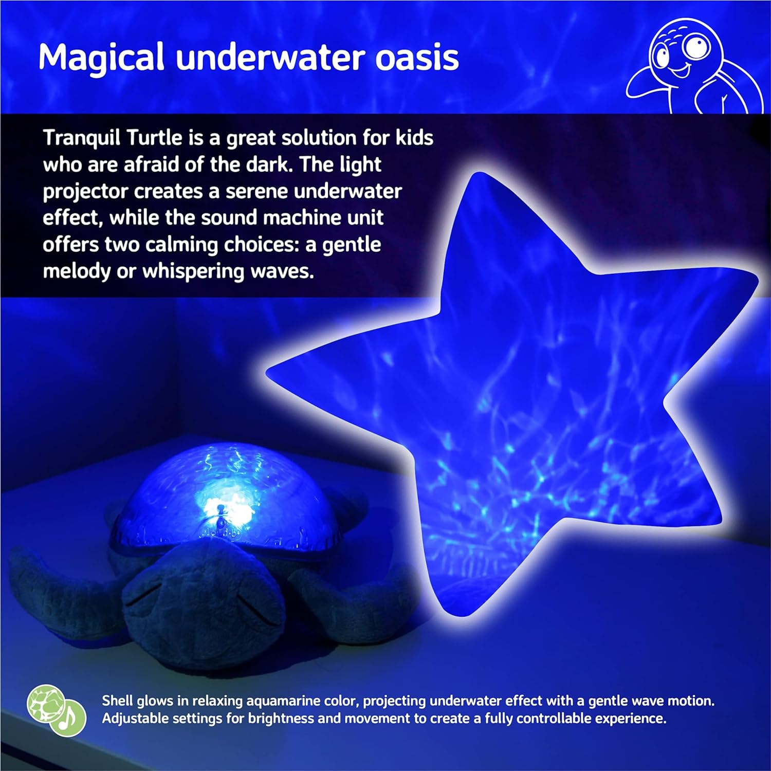 Cloud b Ocean Projector Nightlight with White Noise Soothing Sounds | Adjustable Settings and Auto-Shutoff | Tranquil Turtle - Ocean