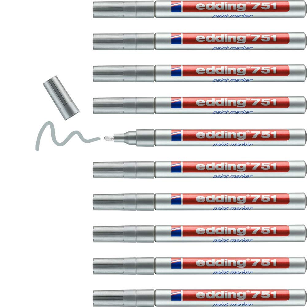 edding 751 paint marker - silver - 10 pens - round tip 1-2 mm - paint marker for marking and labelling metal, glass, rocks or plastic - heat-resistant, permanent, smudge-proof and waterproof