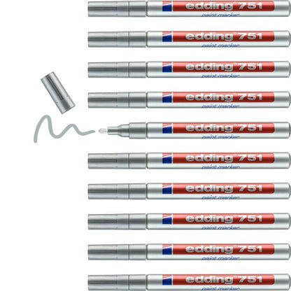 edding 751 paint marker - silver - 10 pens - round tip 1-2 mm - paint marker for marking and labelling metal, glass, rocks or plastic - heat-resistant, permanent, smudge-proof and waterproof