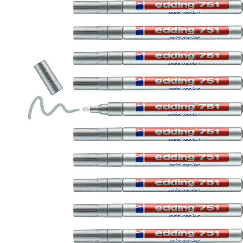 edding 751 paint marker - silver - 10 pens - round tip 1-2 mm - paint marker for marking and labelling metal, glass, rocks or plastic - heat-resistant, permanent, smudge-proof and waterproof