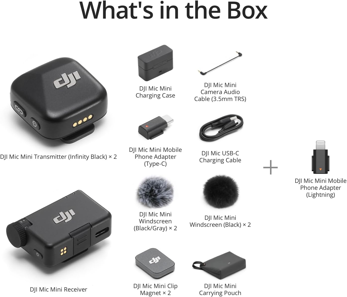 DJI Mic Mini (2 TX + 1 RX + Charging Case) with Mic Mini Mobile Phone Adapter (Lightning), Ultralight, Detail-Rich Audio, 48h Use, Noise Cancelling, Wireless Microphone, Vlog, Streaming