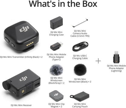 DJI Mic Mini (2 TX + 1 RX + Charging Case) with Mic Mini Mobile Phone Adapter (Lightning), Ultralight, Detail-Rich Audio, 48h Use, Noise Cancelling, Wireless Microphone, Vlog, Streaming