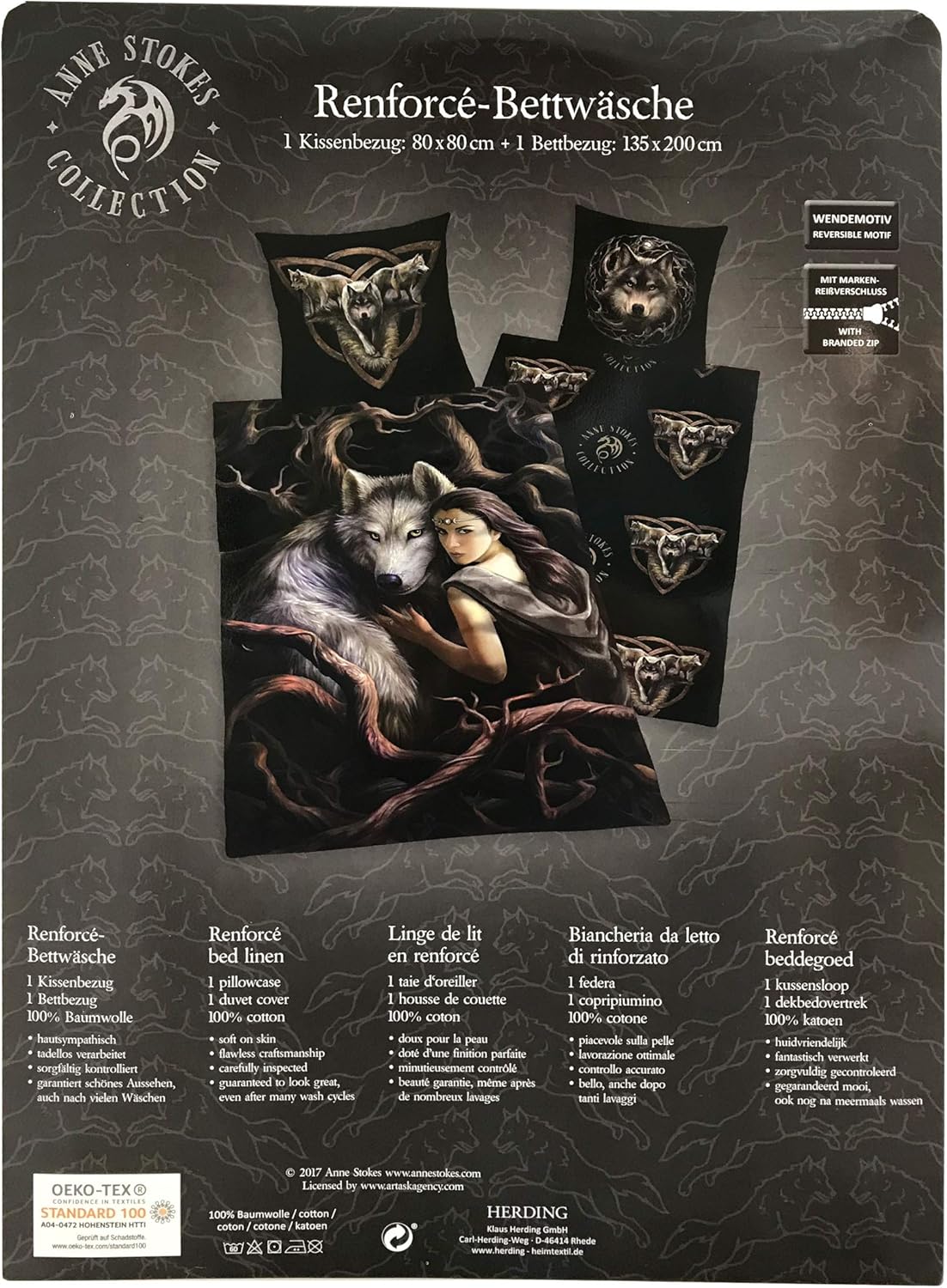 Herding ANNE STOKES Bedding Set, Reversible Motif, Duvet Cover 135 x 200 cm, Pillow Case 80 x 80 cm, Cotton/Renforcé