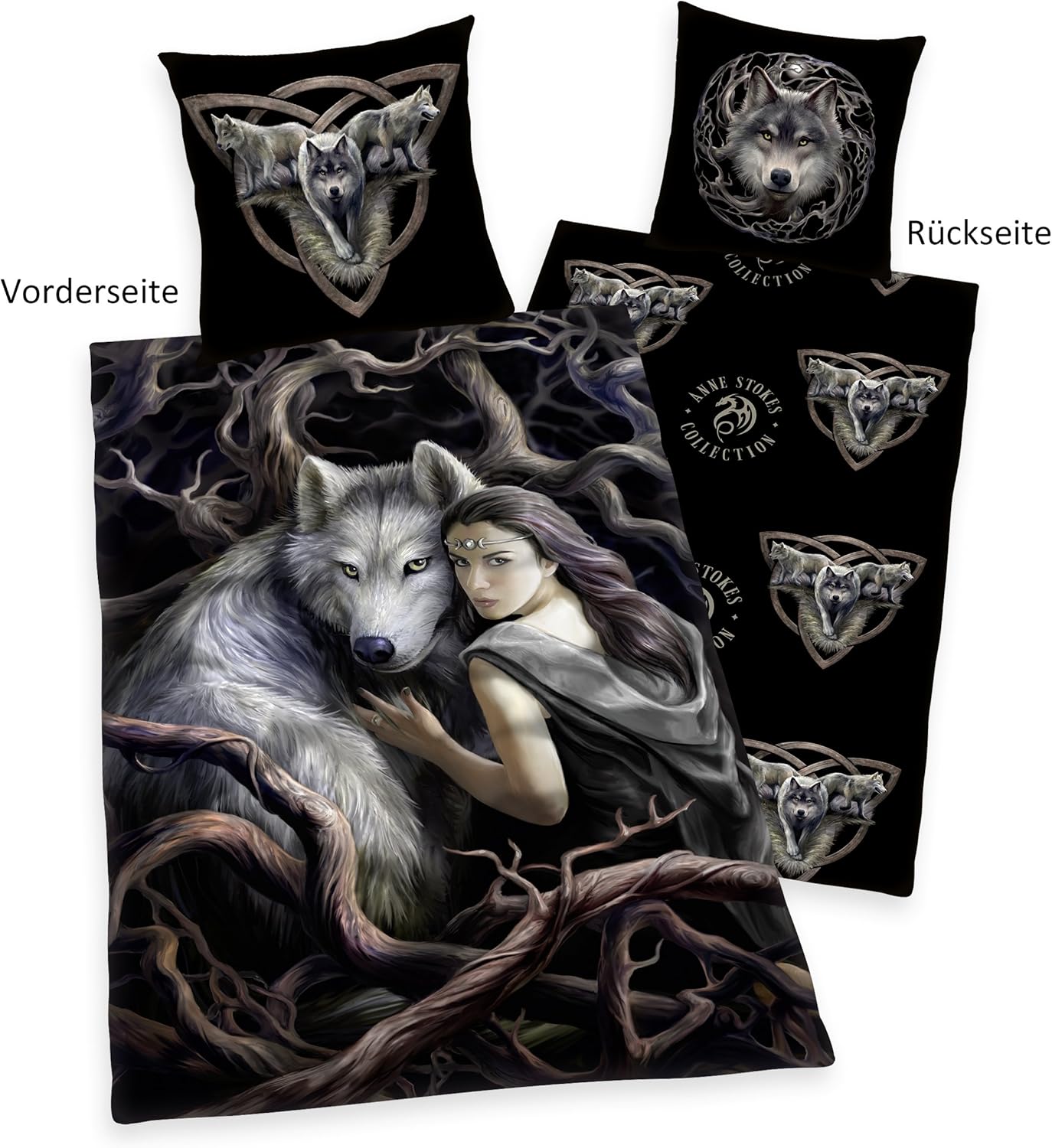 Herding ANNE STOKES Bedding Set, Reversible Motif, Duvet Cover 135 x 200 cm, Pillow Case 80 x 80 cm, Cotton/Renforcé
