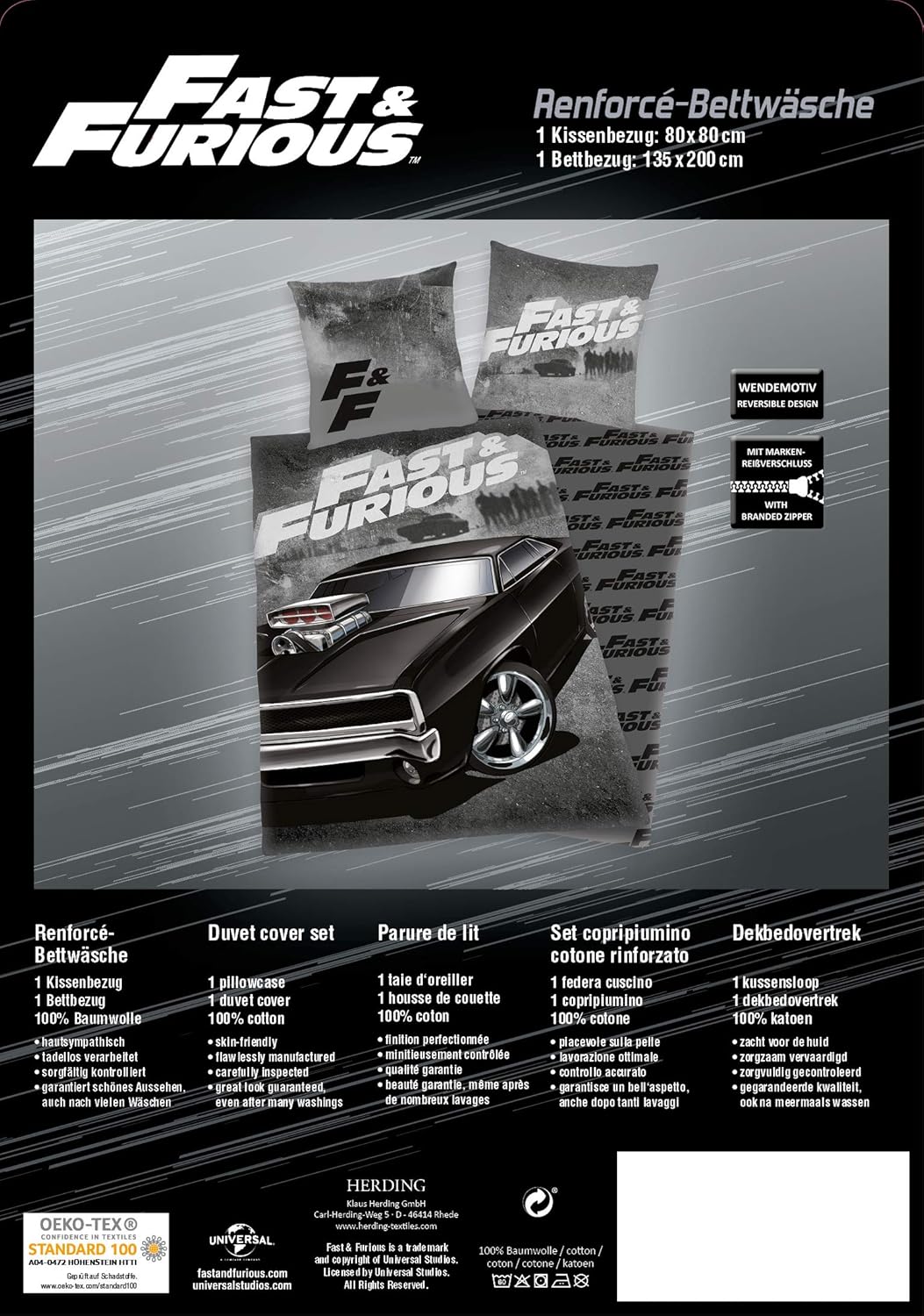 Herding FAST & FURIOUS Bedding Set, Reversible Motif, Duvet Cover 135 x 200 cm, Pillow Case 80 x 80 cm, Cotton/Renforcé