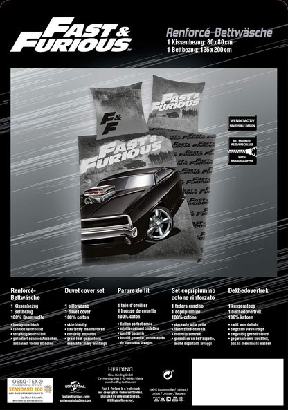 Herding FAST & FURIOUS Bedding Set, Reversible Motif, Duvet Cover 135 x 200 cm, Pillow Case 80 x 80 cm, Cotton/Renforcé