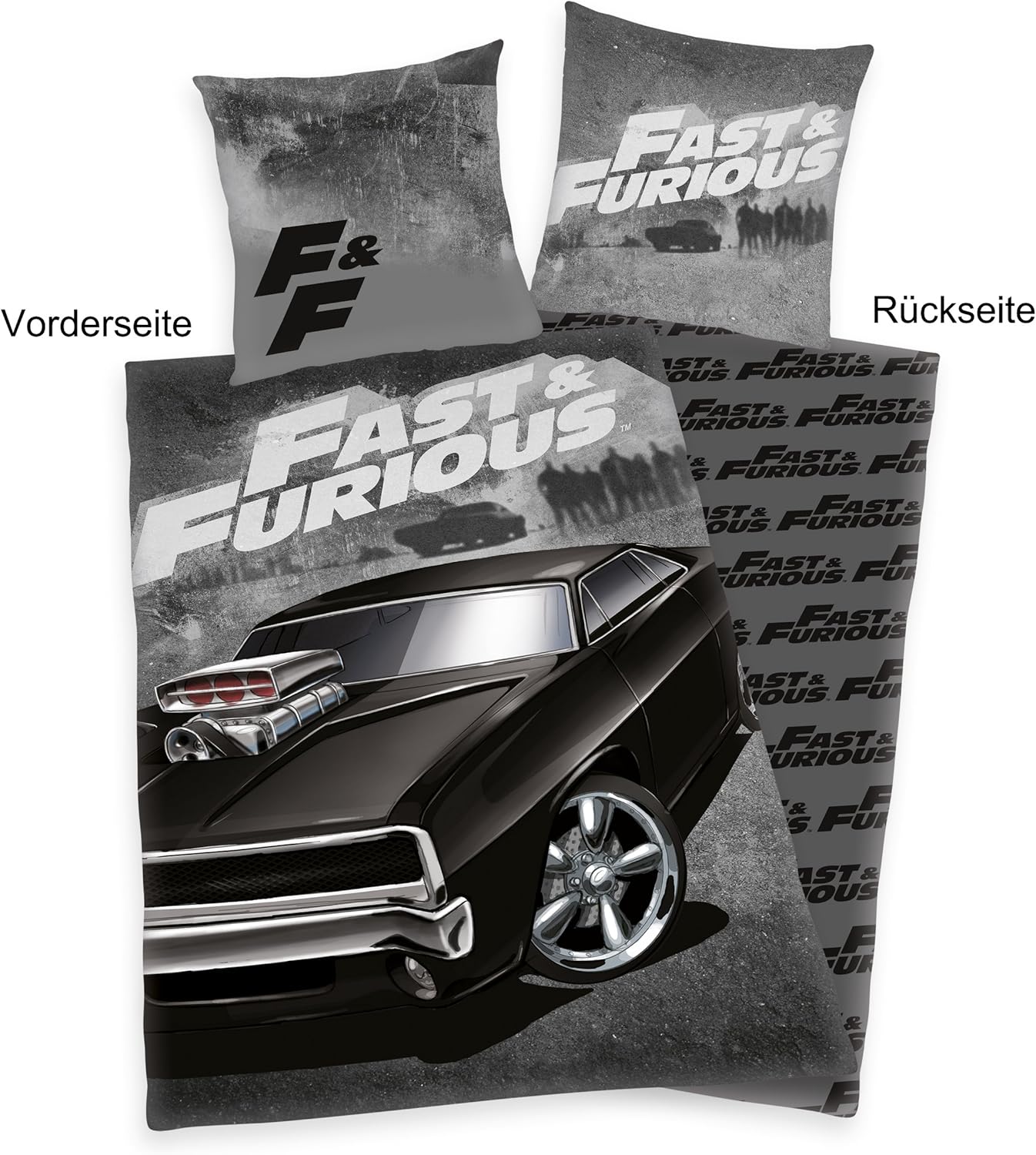 Herding FAST & FURIOUS Bedding Set, Reversible Motif, Duvet Cover 135 x 200 cm, Pillow Case 80 x 80 cm, Cotton/Renforcé