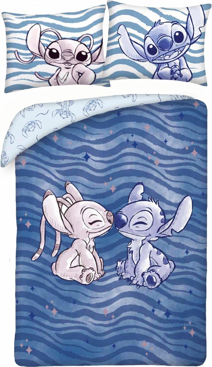 Disney Lilo and Stitch Bacia Angel Bedding Set - Reversible Duvet Cover 140 x 200 cm and Pillowcase 70 x 90 cm - Multi-Coloured - 100% Cotton