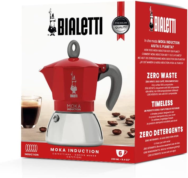 Bialetti New Moka Induction Induction Coffee Maker, 6 Cups, 280 milliliters, Aluminium, Red