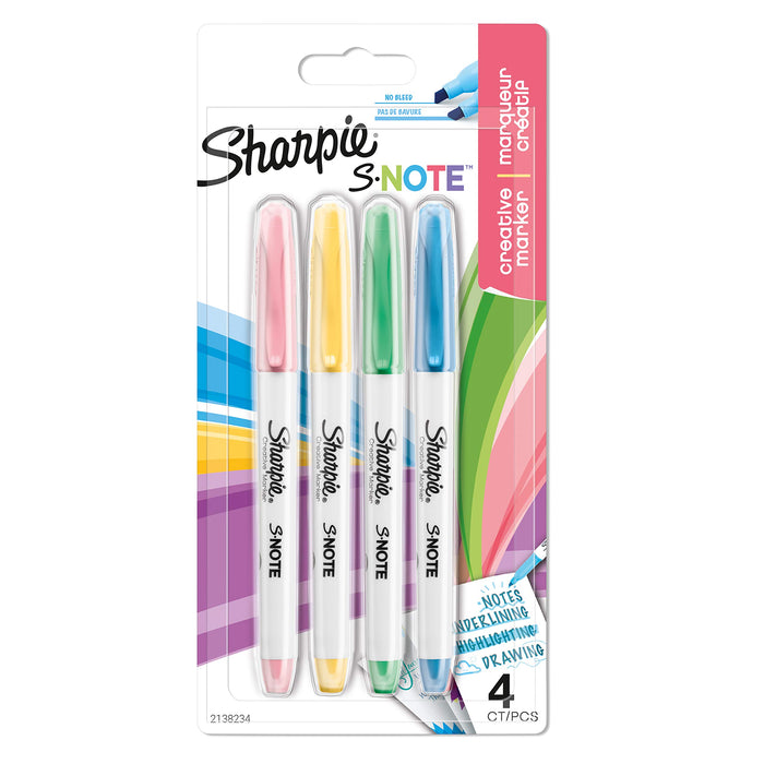 Sharpie S-Note Highlighter Pens | Part Art Marker Pen, Part Highlighter to Draw, Write & More | Assorted Pastel Colours | Chisel Tip | 4 Count